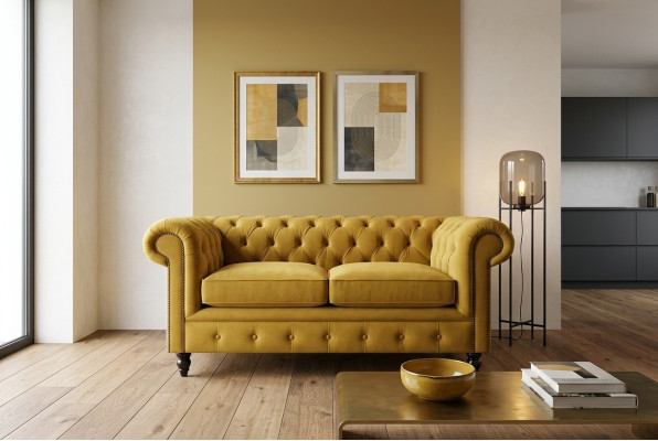 Chesterfield Sofa 2 Sitz Polster Couchen Couch Dreisitzer Gelb Sofas Samt Neu
