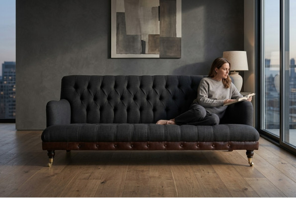 Klassische Chesterfield Couch 3 Sitzer Sofa Couch Samt Leder Blau Design Polster