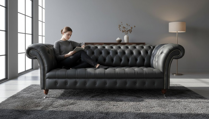 Grauer Chesterfield Leder Dreisitzer Designer 3-er Couch