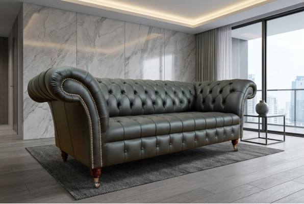 Grauer Chesterfield Leder Dreisitzer Designer 3-er Couch
