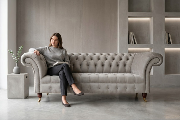 Stilvoller hellgrauer Chesterfield Dreisitzer Luxus Wohnzimmer 3-Sitzer