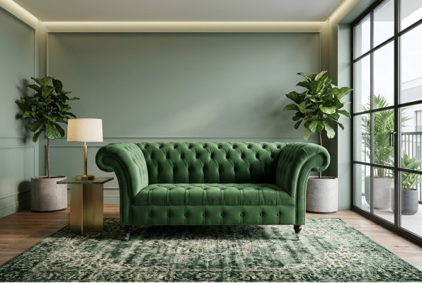 Grüne Chesterfield Textil Couch Zwei Sitzer Polster Sofa 185cm Stoff Leder neu