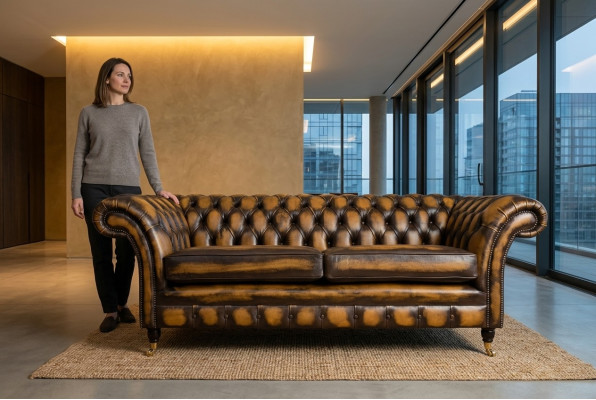 Edler Chesterfield Brauner Dreisitzer Luxus Polster Couchen Designer Sofas