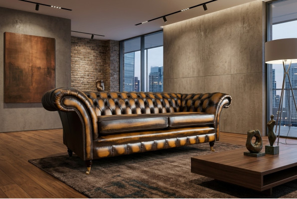 Edler Chesterfield Brauner Dreisitzer Luxus Polster Couchen Designer Sofas