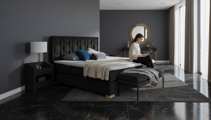 Luxus Boxspring Bett Schwarz Blaue Betten Schlafzimmer Möbel Design Doppel Hotel