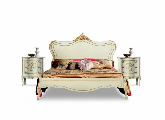 Luxus Bett 160x195cm mit Holz Kopfteil und 2 Nachttischen Italienische Möbel Neu