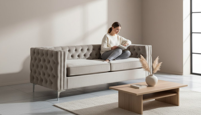 Chesterfield Dreisitzer moderne Möbel Textil Stoff Samt Wohnzimmer Luxus couchen