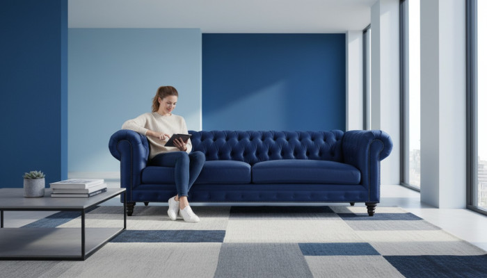Chesterfield Dreisitzer Blau Neu Wohnzimmer Modern Kreative Möbel Textil Stoff