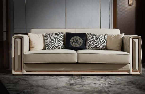 Chesterfield Sofa Beige Leder Luxus Wohnzimmer Design Couchen Polster