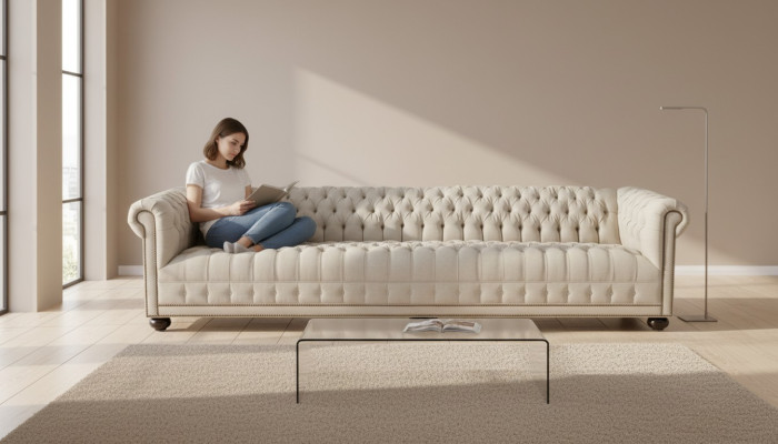 Creme Chesterfield Wohnzimmer Viersitzer Design Couchen Sofa Möbel Stoff Sofas