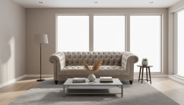 Beige Samt Couch Luxus Polster Chesterfield Möbel Sofa mit Knöpfen Dreisitzer