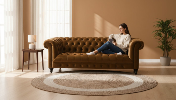 Dreisitzer Chesterfield Braune Stoff Sofa Neu Original Design Couchen Polster