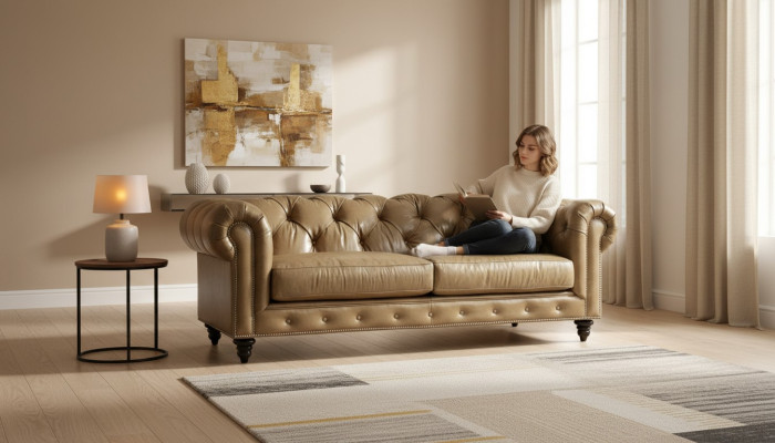 Hellbraun Dreisitzer Leder Chesterfield Wohnzimmer Design Sofa Chesterfield Neu
