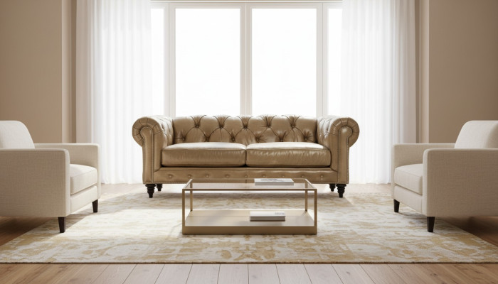 Hellbraun Dreisitzer Leder Chesterfield Wohnzimmer Design Sofa Chesterfield Neu