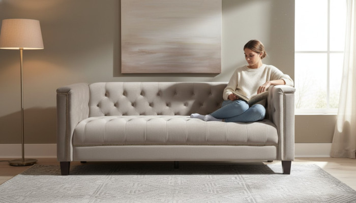 Hellgrau Dreisitzer Textil Chesterfield Wohnzimmer Modern Design Couchen Sofa