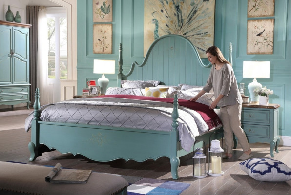 Landhaus Schlafzimmer Blau Bett Holz Klassische Möbel Betten 180x200cm Set Neu