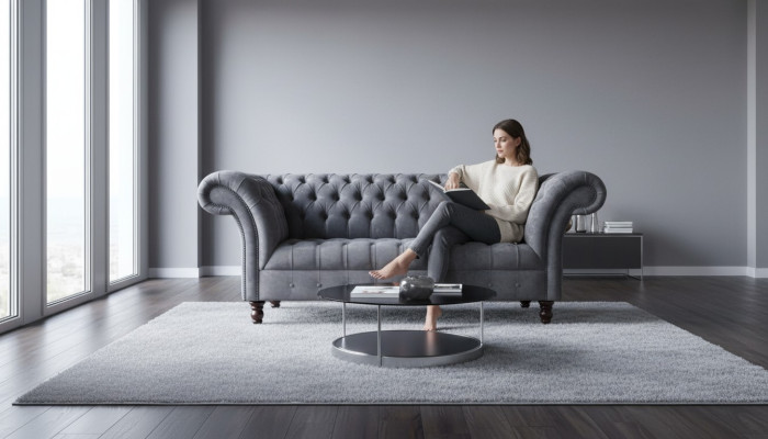 Chesterfield 3 Sitzer Wohnzimmer Couch Sofa Polster Sitz Textil Garnitur Grau