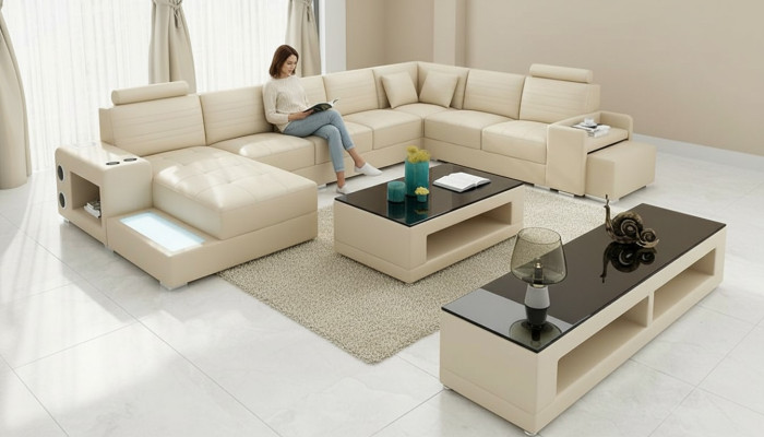 Eck Leder Ecksofa U-Form Sofa Couch Design Polster Textil Modern Textil Neu