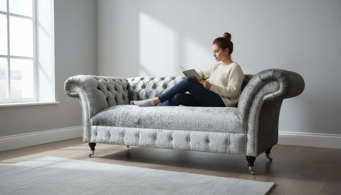 Sofa 2 Sitzer Chesterfield Couch Polster Samt Stoff Zweisitzer Samt Grau Silber