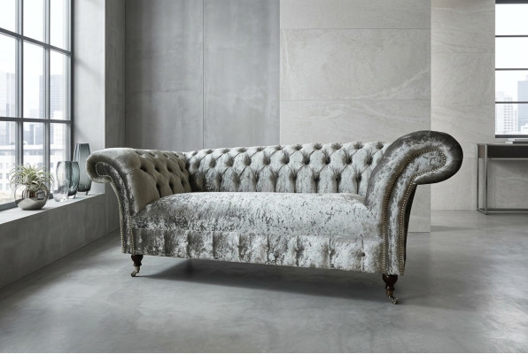 Sofa 2 Sitzer Chesterfield Couch Polster Samt Stoff Zweisitzer Samt Grau Silber