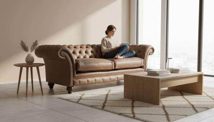 Design Sofa 3 er Couch Textil Polster Braun Klassische Sofas Chesterfield Neu