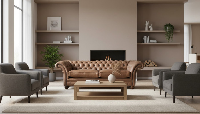 Design Sofa 3 er Couch Textil Polster Braun Klassische Sofas Chesterfield Neu