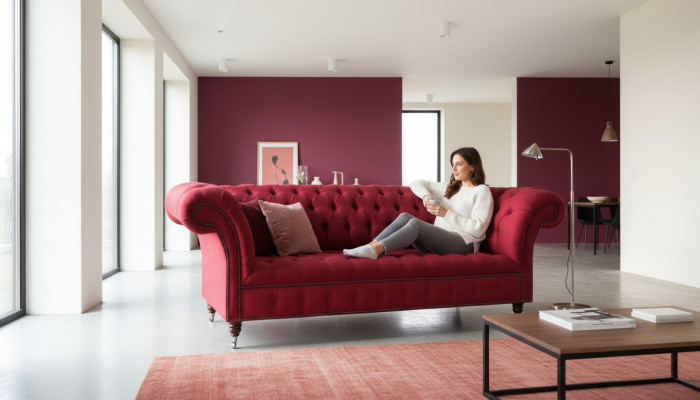 Dreisitzer Design Polster Textil Sofa 3er Möbel Chesterfield Luxus Rote Couchen