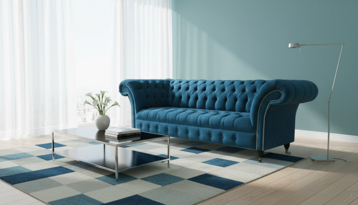 Designer Couch Sitz Polster 3 Sitzer Blau Stoff Garnitur Sofa Möbel Turkis Neu