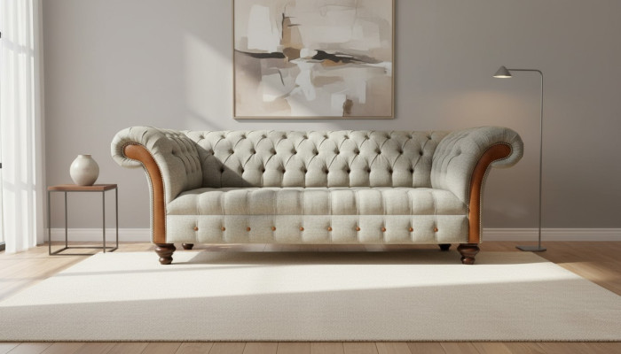 Chesterfield 3 Sitzer Beige Wohnzimmer Design Couchen Polster Sofa Sofas Textil