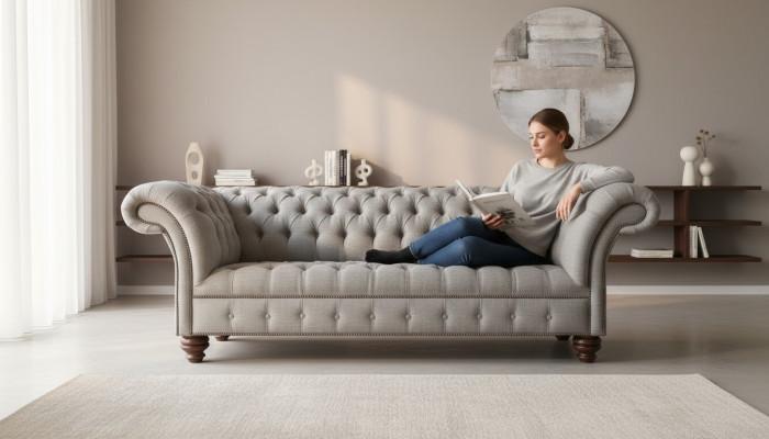 Chesterfield 3Sitzer Wohnzimmer Modern Hellgrau Couchen Sofa Neu Kreative Stoff
