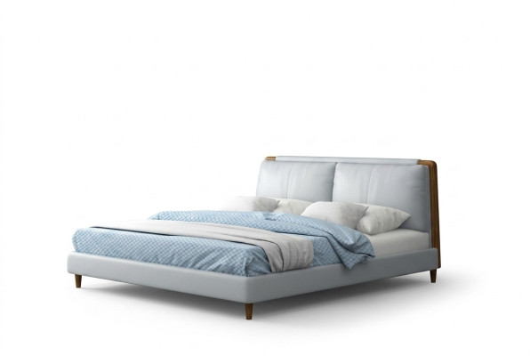 Moderne Doppelbett 180x200 in weißem Lederdesign auf Holzbeinen