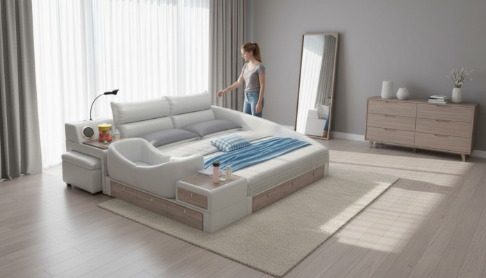 Bett Multifunktion Regal Schrank USB Ladestation Doppel Leder Betten