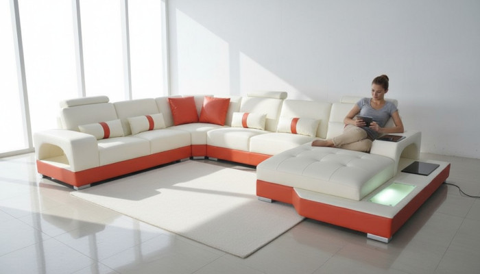 Ecksofa Leder Sofa Couch Polster Eck Sitz Wohnlandschaft U-Form Cream Orange Neu