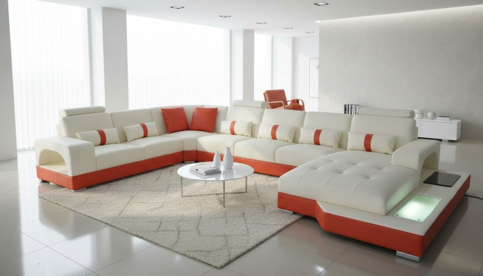 Ecksofa Leder Sofa Couch Polster Eck Sitz Wohnlandschaft U-Form Cream Orange Neu
