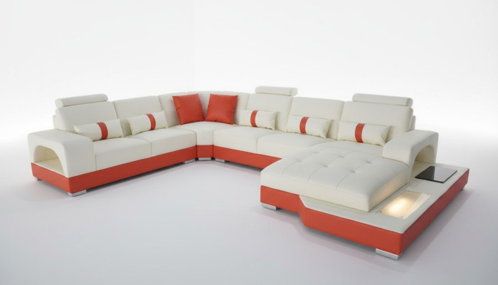 Ecksofa Leder Sofa Couch Polster Eck Sitz Wohnlandschaft U-Form Cream Orange Neu