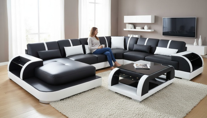 Sofa Couch Polster Ecke Garnitur Stoff Sofas Leder Ecksofa U-Form Wohnlandschaft