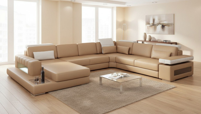 Wohnlandschaft Ecksofa Couch Hellbraun Leder Polster Sitz Ecke Sofa U Form Sofas