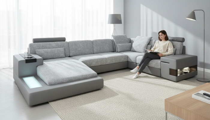 U-Form Möbel SofaBett Funktionen Polster Textil Moden Design Ecksofa Neu Sofa