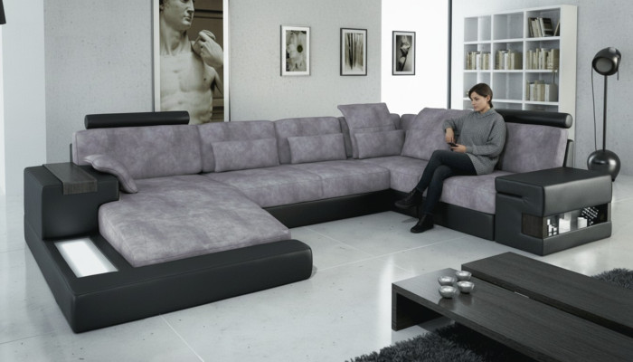 Designer Moderne Luxus Textil Sofa U-Form Möbel mit Bett Funktionen grau NEU