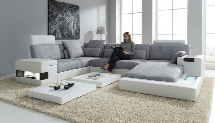 Moderne Textil Sofa U-Form Möbel mit Bett Funktionen Stauraum Grau NEU