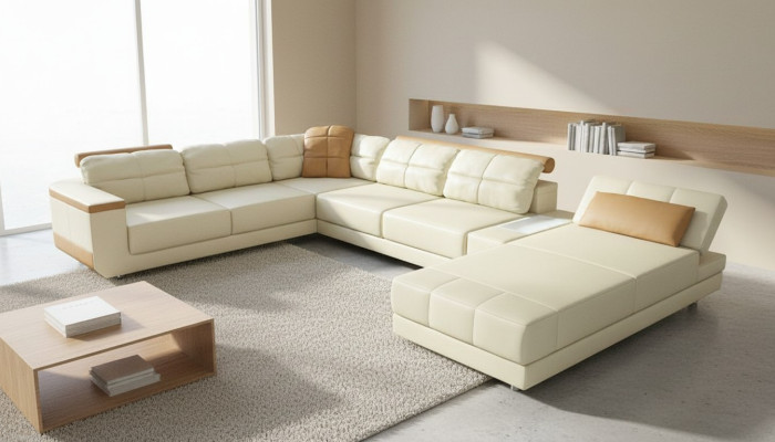 Designer Leder Stoff Sitz Modernes Ecksofa UForm Wohnzimmer Design Couch Polster