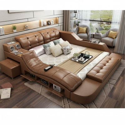 Doppel Luxus Leder Bett + USB Polster Betten Moderne Hotel Multifunktion massage