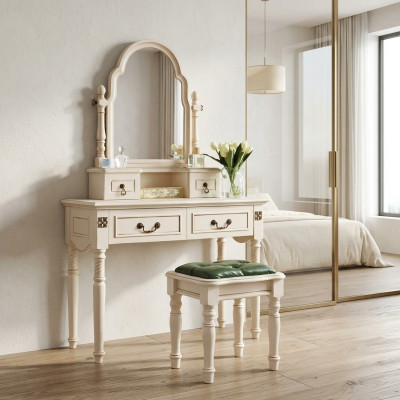 Set Schminktisch Kosmetiktisch Frisiertisch mit Spiegel und Hocker Holz 2tlg.