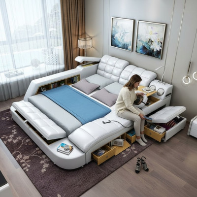 Bett Doppel Regale Leder Polster Betten Multifunktion mit Massagefunktion Neu