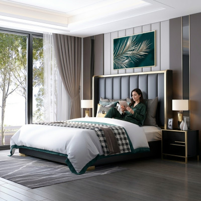 Luxus Bett Schlafzimmer Italienisches Leder Polster Doppel Betten Metall