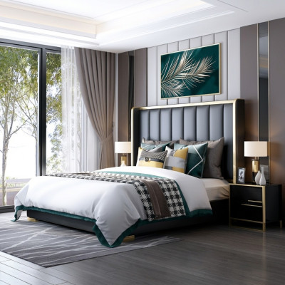 Luxus Bett Schlafzimmer Italienisches Leder Polster Doppel Betten Metall