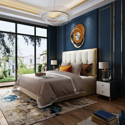 Luxus Design Leder Bett Metall Gold Betten Polster Hotel Schlafzimmer