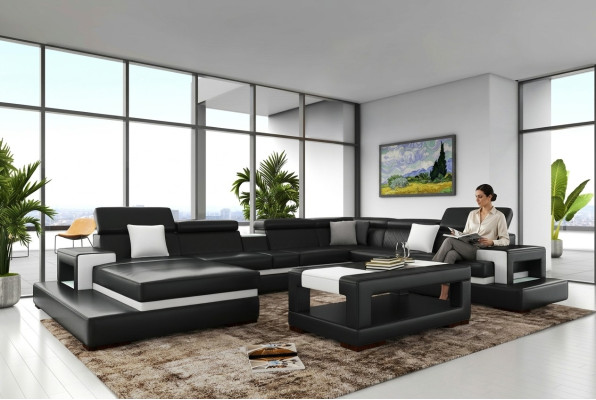 Schwarze Ecksofa Wohnlandschaft Leder Sofa Relax Funktion Couchen Big
