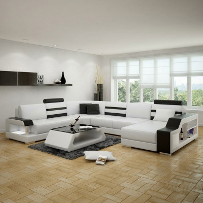 Ecksofa Wohnlandschaft U Form Sofa - Ledersofa Garnitur mit Regal Leder