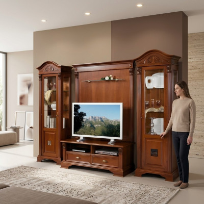Klassische Wohn Wand Massivholz Wohnzimmer Vitrine Sideboard RTV Regal Wände Schrank 4tlg.